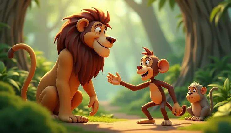 Create 3D cenametic cartoon animation of this prompt "Cut to a shot of the greedy monkey, now a reformed character
Greedy monkey thanks the lion and the wise old monkey"