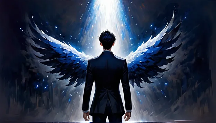 A handsome boy with jet black hair and eyes, in an elegant suit, while large black wings magnificently emerging from his back, with subtle blue glimmers, in the middle of a ballroom, alone, surrounded by darkness, Standing looking up with one arm raised tr...