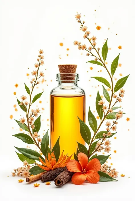 bottle with essential oil with leaves, spices and flowers flying in the white background