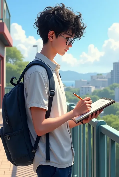 (photorealism:1.2), A student boy ,class 12 tall ,side face ,curly black hair ,glasses , white shirt dark blue pants , standing drawing in draw book , in balcony no backpack