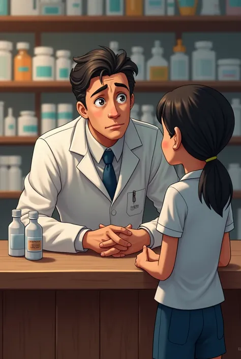 The pharmacist leaning over the counter, looking confused and curious as he asks the girl what she needs."