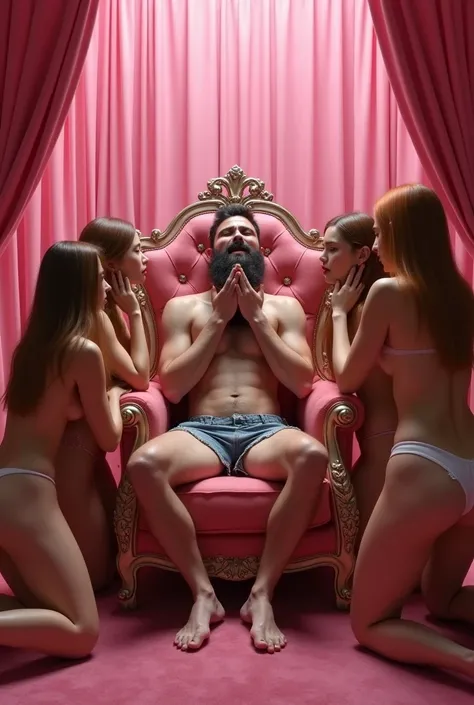 (photorealism:1.2) One large pink harem room, in which acvery skinny (((super ugly))) teenage man wearing only "underwear" with a long untrimmed beard sitting on a pink throne, he is moaning with sexual excitement and extreme pleasure, surrounded by many b...