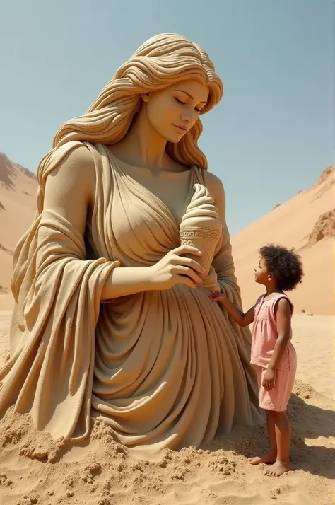 Greek Goddess in a giant sand statue offering ice cream to a 