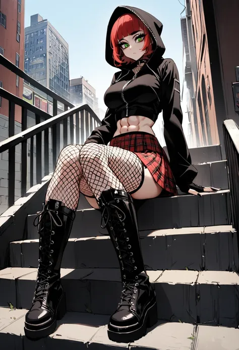 woman, stoic, curly red pixie cut hair, green eyes, black eyeshadow, wearing crop top black shirt, black oversized zip up hoodie, hood up, red plaid skirt, black knee high zipper boots, black fingerless gloves, large breasts, freckles, abs, looking down at...