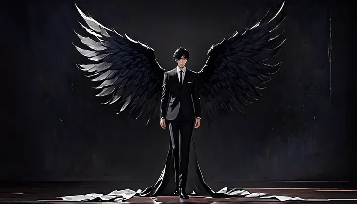 A handsome boy with jet black hair and eyes, in an elegant suit, while large black wings emerge from his back, in the middle of a ballroom, alone, surrounded by darkness, standing with his back to the dark stage, lonely