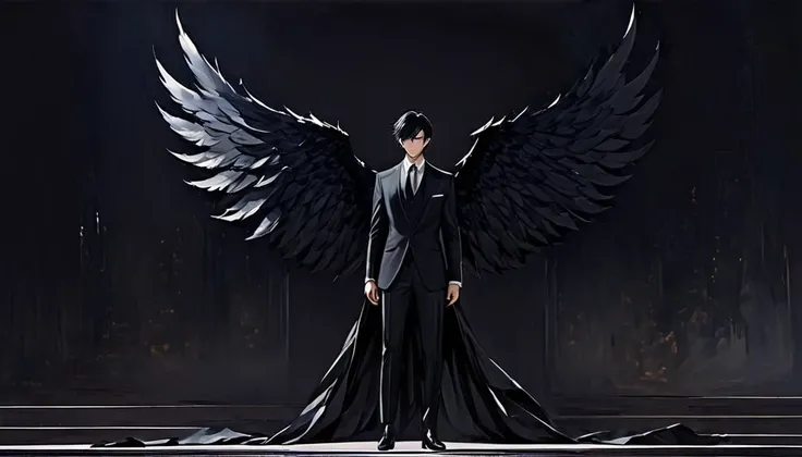 A handsome boy with jet black hair and eyes, in an elegant suit, while large black wings emerge from his back, in the middle of a ballroom, alone, surrounded by darkness, standing with his back to the dark stage, lonely