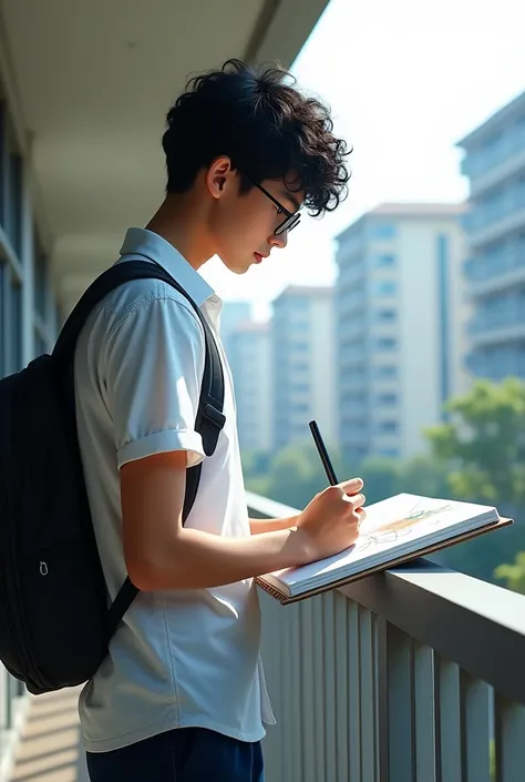 (photorealism:1.2), A student boy ,class 12 tall ,side face ,curly black hair ,glasses , white shirt dark blue pants , standing drawing in draw book , in balcony dont wear backpack