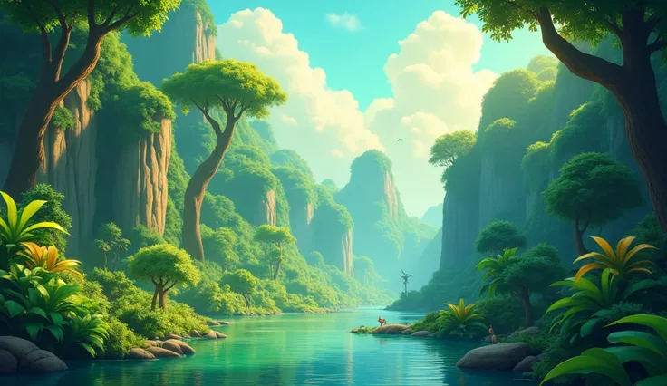 Create 3D cenametic cartoon animation of this prompt "Closing shot of the jungle, with a heartwarming and uplifting message"