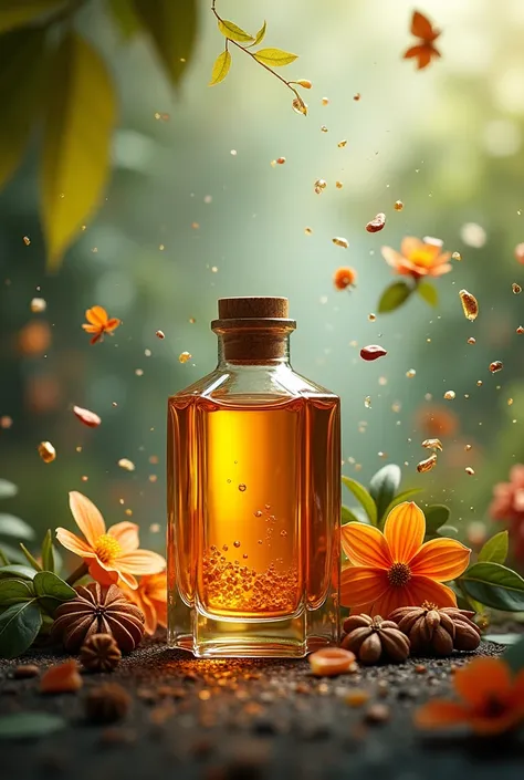 bottle with essential oil with leaves, spices and flowers flying in the nature background