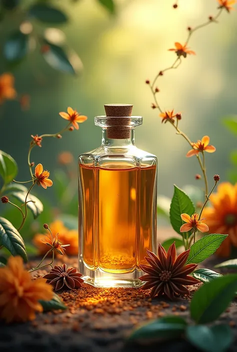 bottle with essential oil with leaves, spices and flowers flying in the nature background