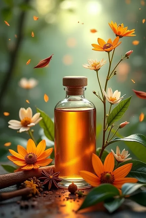 bottle with essential oil with leaves, spices and flowers flying in the nature background