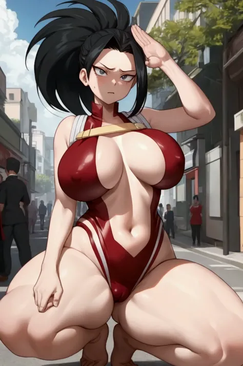 (yaoyorozu momo),(Black Hair)、(ponytail)、(red tight clothes),(HeroAcademia)、(True to prompts)、(salute)、(Squat)、(Spread your legs)、(Glaring with sharp eyes)、(Super big breasts),(Busy Street)、(Many people々々々々々々々々々々々々々)、(sunny)、(blue sky)、(Best lighting)、{{{B...