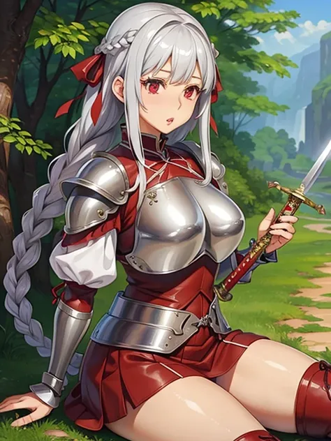 Silver hair with braids on both sides and red ribbons、A beautiful girl with red eyes the same color as her ribbon、leather armor、Breastplate only、Tunic、Flared skirt long boots、sword