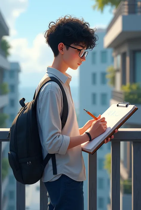 (photorealism:1.2), A student boy ,class 12 tall ,side face ,curly black hair ,glasses , white shirt dark blue pants , standing drawing in draw book , in balcony NO Backpack 