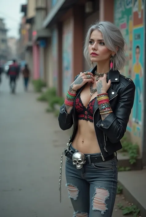 russian milf woman, grey hair (middle part) and wide colourful bandana as headband, with very light blue eyes, extremely pale. Wearing studded cropped black moto jacket with lots of zippers and pins, black and red lace push up bra , dark embroidered skinny...