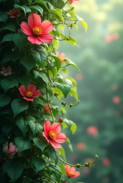 Herbaceous vines, climbing with flowers and drops of dew