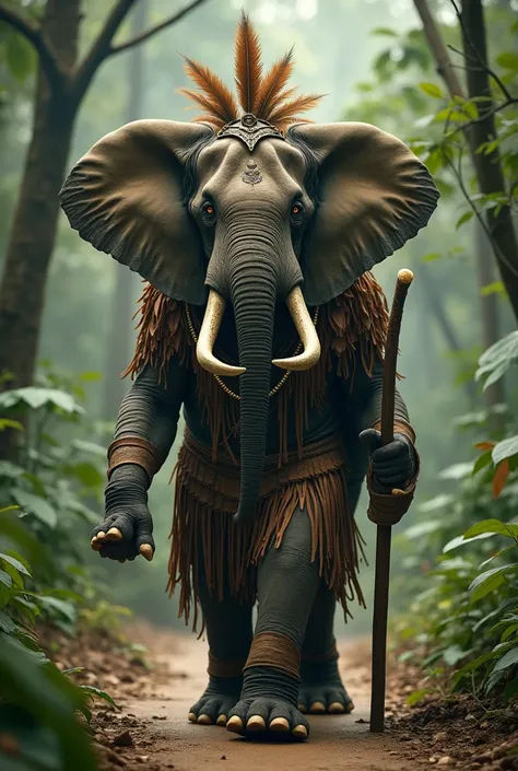 Anthropomorphic jungle queen elephant dressed in natural wild outfit，Step onto the catwalk with confidence and domineering steps。Long nose raised high，As if declaring its territory and power。The eyes of the jungle queen elephant reveal wild light and wisdo...