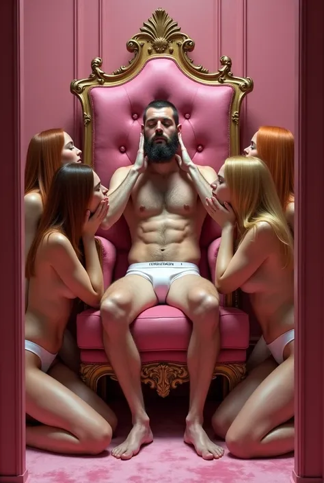 (photorealism:1.2) One large pink harem room, in which acvery skinny (((super ugly))) teenage man wearing only "underwear" with a long untrimmed beard sitting on a pink throne, he is moaning with sexual excitement and extreme pleasure, surrounded by many b...