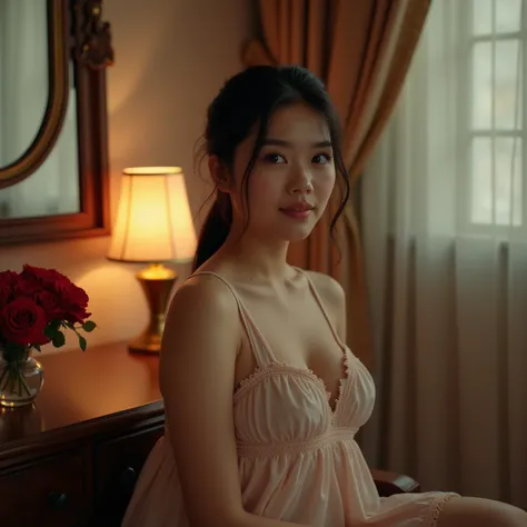 The indonesian girl (17yearsold), curvacious, tied hair, huge breasted, wearing sleeveless knee-lenght nightgown.  sitting at the dressing table. The luxurious bedroom is decorated with red roses and a mosquito net with the night light as a background deta...