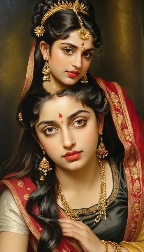 Beautiful Indian Woman, wearing saree, sari Beauty, gorgeous, Apsara, Maharani, royal queen woman, nymph from Hindu Mythology, Urvashi, matchless beauty, Highly detailed, Oil Painting by Peter Paul Rubens inspired by Raja Ravi Varma, Matchless beauty, capt...