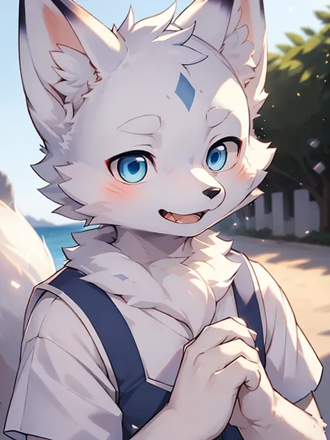 (Best image quality),(masterpiece),(((The only person))),(Very detailed),(Male Arctic fox:1.5), (White skin:1.3), hairy，(White fur:1.3),((blue eyes)) ,(Blue ears),(hairy动物耳朵)，((Wears red short sleeves))，Open your mouth slightly，Smile，Small fangs，On the sea...