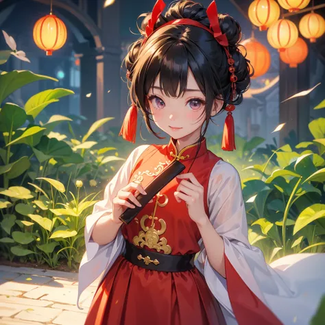 A chibi child girl had a small face and Wearing a little Taoist priests outfit. A pair of big round eyes shone with curiosity about him. This child was so cute! her hair is black with two buns on her hair.small chibi, chibi baby, smiling ,Chibi. 

The Chin...