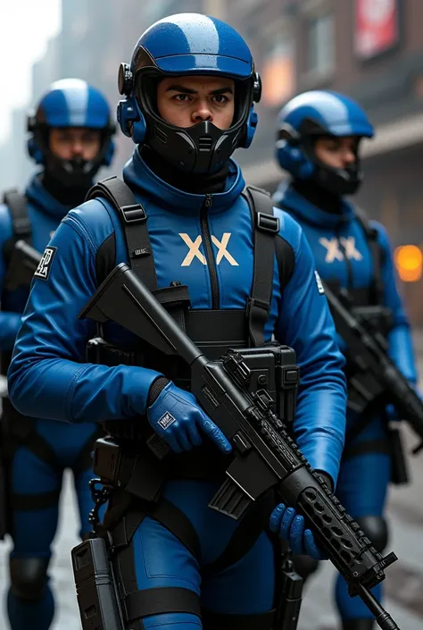 A game character with a gun in black and blue clothes with the word XPSR-24 and the XAB logo, the character looks like a squad of four together.