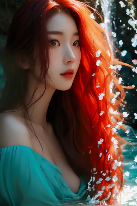 Artistic photo, 4K, real photo, mature korean girl, beautiful face, detailed face, slim nose, turquoise eyes, long flowing hair, red hair, waterfall background, nude, big breasts, well-proportioned body, nude under the stream, natural light