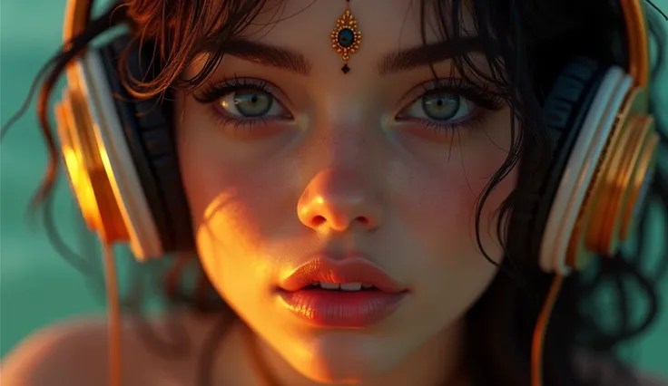 fancy hairs facial jewelry bad style tanned skin face tattoo on face beauty mark. Headphone is enjoying  the music.PERFECT MASTERPIECE, EXTREMELY DETAILED CG UNITY 32K UHD QUALITY RESOLUTION WALLPAPER, PHOTOREALISTIC, RAW PHOTO, PERFECT PHOTOGENIC CLARITY,...