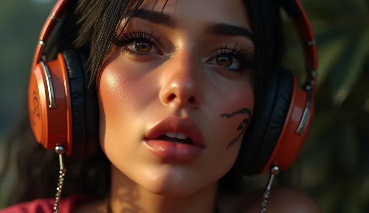 fancy hairs facial jewelry bad style tanned skin face tattoo on face beauty mark. Headphone is enjoying  the music.PERFECT MASTERPIECE, EXTREMELY DETAILED CG UNITY 32K UHD QUALITY RESOLUTION WALLPAPER, PHOTOREALISTIC, RAW PHOTO, PERFECT PHOTOGENIC CLARITY,...