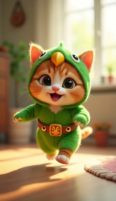 3D cute kitten character、Happy green parakeet costume、running、Inside the house、masterpiece, Background Blur, Belt decorated with parakeets、Close your mouth, 