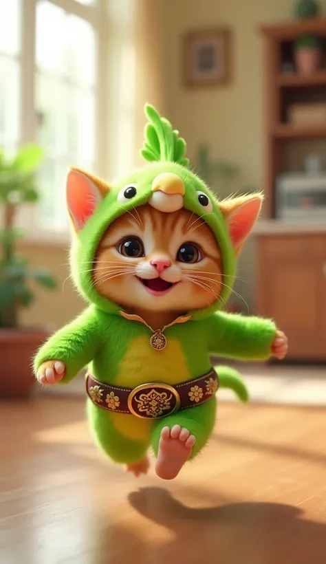 3D cute kitten character、Happy green parakeet costume、running、Inside the house、masterpiece, Background Blur, Belt decorated with parakeets、Close your mouth, 