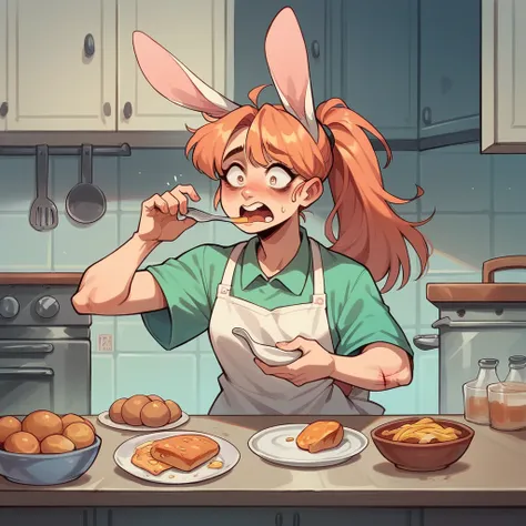 a bunnygirl looks injured and is eating your food from your fridge at night in your kitchen. she is shocked to see you.