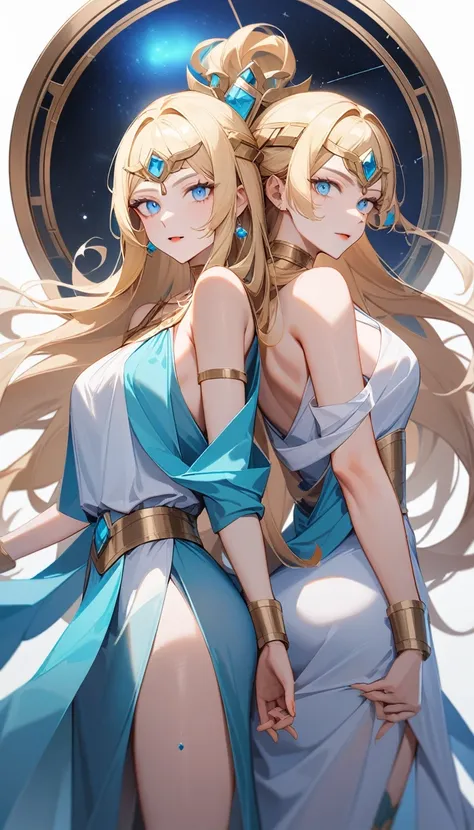 （Huang Li、high quality、Extremely detailed），Constellation - Gemini Goddess，A pair of sisters，Two goddesses back to back，Similar to Latin goodness，brave，capricious，Productivity，The face of enterprising and humanitarianism，Blonde Hair，Ancient Greek costumes、W...