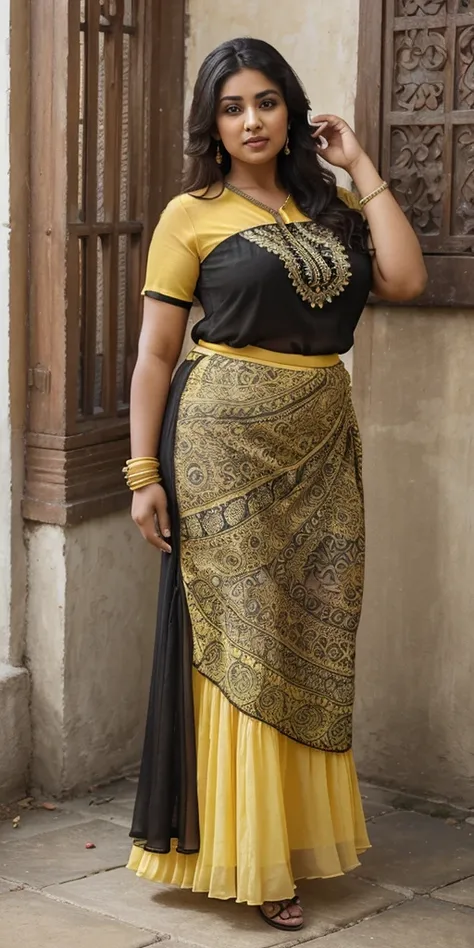 Day scene, A radiant, full-figured South Indian 35 year old aunty a yellow colour chiffon mini skirt and black chiffon shirt, standing, in a garden captured in a full-body image with vibrant hues and meticulous details. Full body image