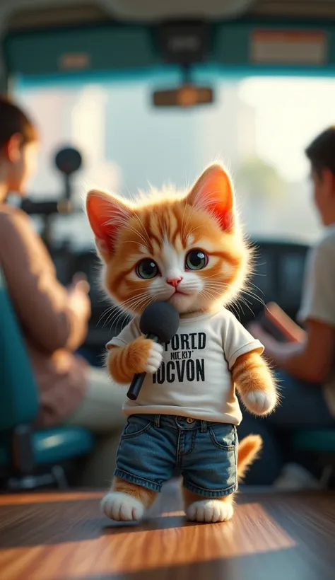 Cute miniature light orange and white kitten in a t-shirt and jeans with hand mic as journalist.  camera, and dish in a van. People as background.