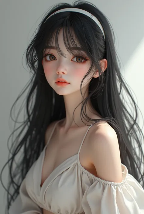 a girl with glasses, long black hair, and a lightweight long shirt dress, looking up with sparkling eyes and eyebrows hidden under her hair, in a full body portrait, 1girl, anatomically correct, vision, high resolution, 3D rendering, portrait photography, ...