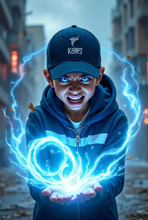 a young real teenage age . 19 Malaysia Indonesia.(Blue eyes) Glowing eyes. Anger face. Open mouth. . wearing an (navy blue white ) zip-up shirt, (nay blue white) navy blue cap with small logo (tornado) logo. Enger face . Dramatic.navy blue hoodie., detaile...