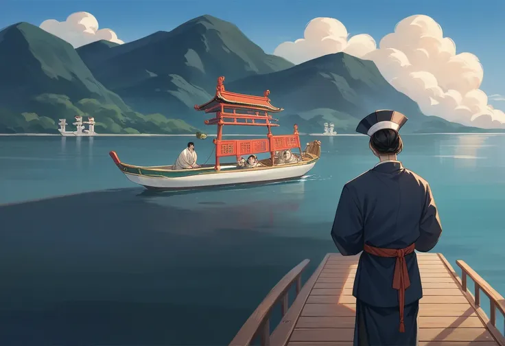 best quality，People wearing Hanfu standing on the boat ，Anime characters wearing Hanfu, Chinese, 穿着ancient China的衣服, ancient China, 身着ancient China服饰, Chinese traditional clothing, Chinese Fantasy