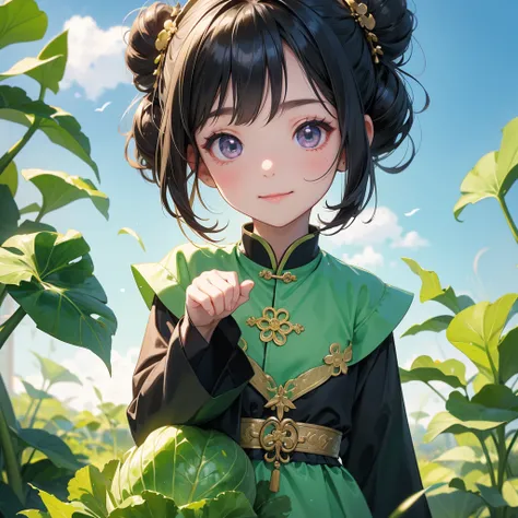 A chibi child girl had a small face and Wearing a little Taoist priests outfit. A pair of big round eyes shone with curiosity about him. This child was so cute! her hair is black with two buns on her hair.small chibi, chibi baby, smiling ,Chibi. 

The cabb...