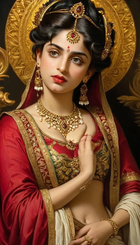 Beautiful Indian Woman, wearing red saree, sari Beauty, gorgeous, Apsara, Maharani, royal queen woman, nymph from Hindu Mythology, Urvashi, matchless beauty, Highly detailed, Oil Painting by Peter Paul Rubens inspired by Raja Ravi Varma, Matchless beauty, ...