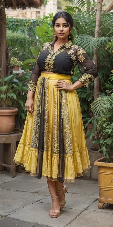 Day scene, A radiant, full-figured South Indian 35 year old aunty a yellow colour chiffon mini skirt and black chiffon shirt, standing, in a garden captured in a full-body image with vibrant hues and meticulous details. Full body image