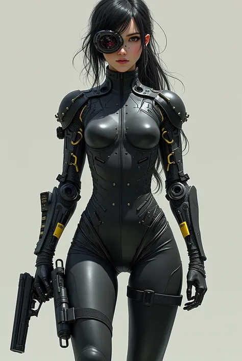 3000 years、Chiba、A female samurai with half of her body made into a cyborg、cyber punk、Mirror Goggles、holding a handgun、Estimated Age２８age、Bodysuit that fits the body、Skinny、skinny pants