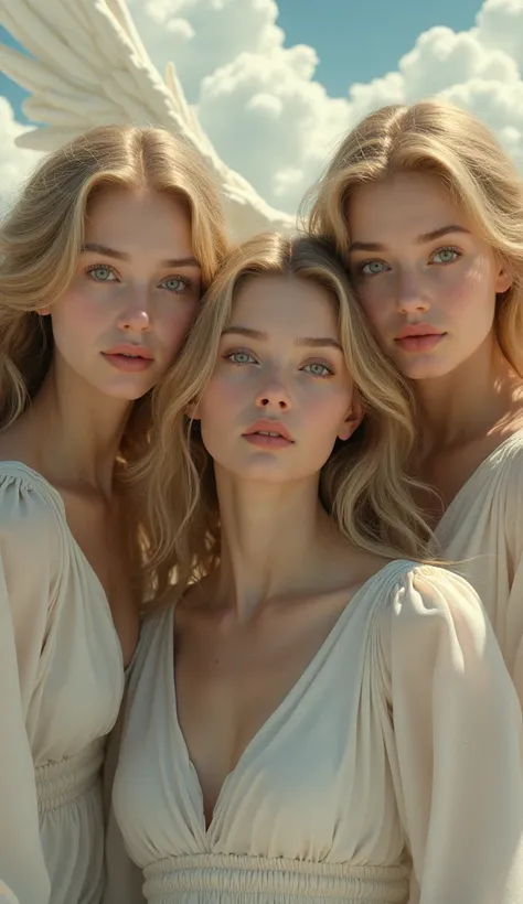 Three very beautiful female angels looking at the camera with moist eyes