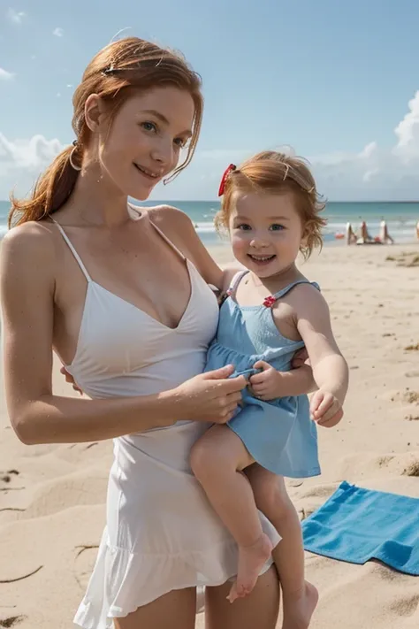 Very happy skinny ginger family with her fish tail, young kid, with short red-blond hair, dressed in new light paréo summer dress, happy show her baby, on a scorching summer day, on the beach after swim, les cheveux encore mouillé. 