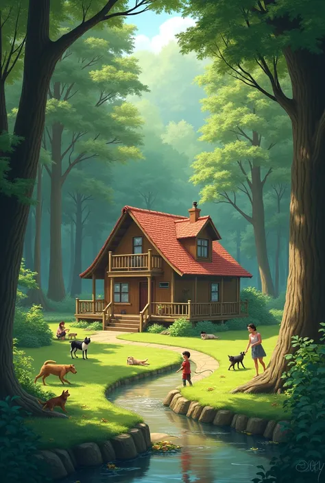 House in the middle of a forest 3 dogs and a Siamese cat and a family of 4 people 