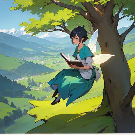 A fairy reading a book on top of a tree, with a mountainous background