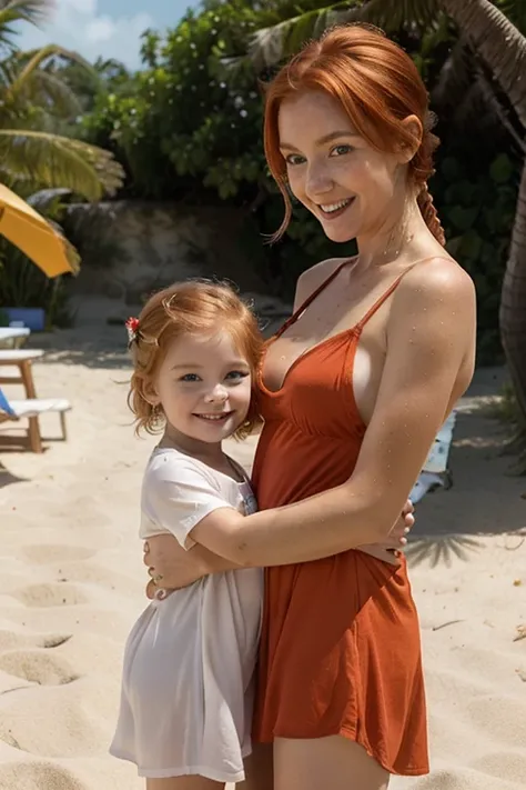 Very happy skinny ginger family with her fish tail, young kid, with short red-blond hair, dressed in new light paréo summer dress, happy show her tiny baby, on a scorching summer day, on the beach after swim, les cheveux encore mouillé. 