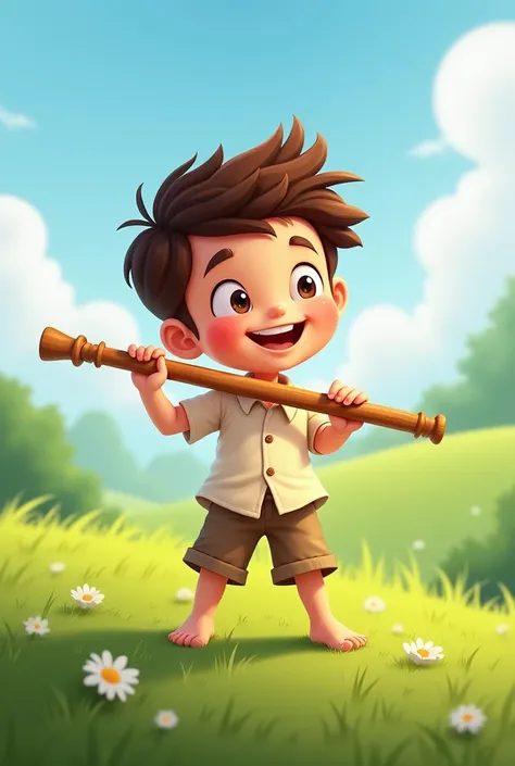 A young boy playing flute, happy