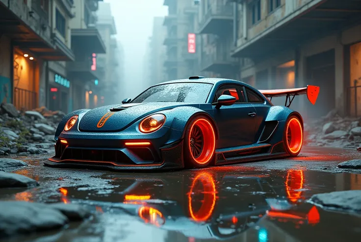 ((best quality,4k,highres,masterpiece:1.2)),race muscle car "new beetle",ruins,sci-fi,futuristic, cinematic lighting, chiaroscuro,ray tracing,highly detailed, high-quality, mirai, color contrast, atmospheric, dystopian, urban, vibrant colors, shattered gla...